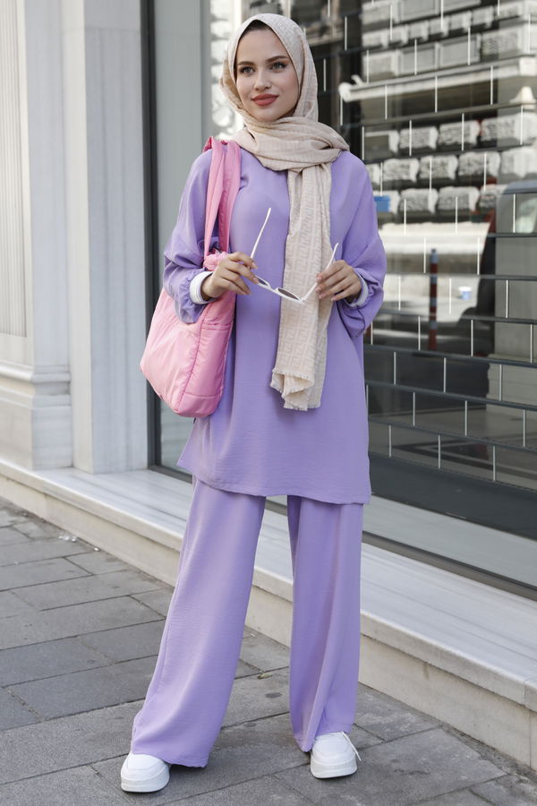 Düz Bisiklet Yaka Kadın Lila Tunik Pantolon - 10544 LİLA
