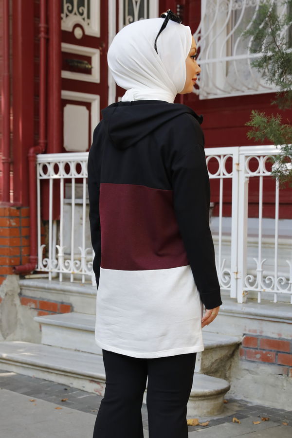Düz Kapsonlu Yaka Kadın Bordo Kapsonlu Tunık - 3427