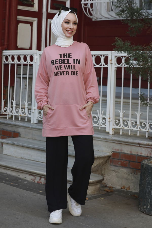 Düz Bisiklet Yaka Kadın Pembe TUNIK - 3358