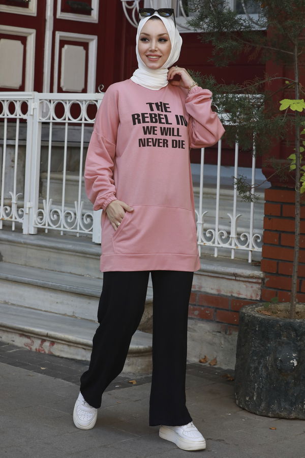 Düz Bisiklet Yaka Kadın Pembe TUNIK - 3358
