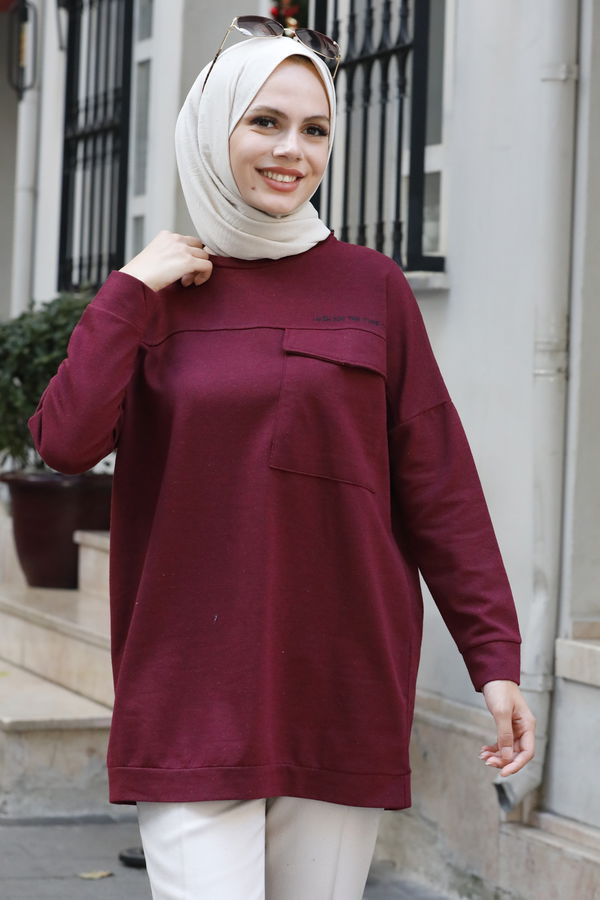 Düz Bisiklet Yaka Kadın Bordo Tunik - 3350