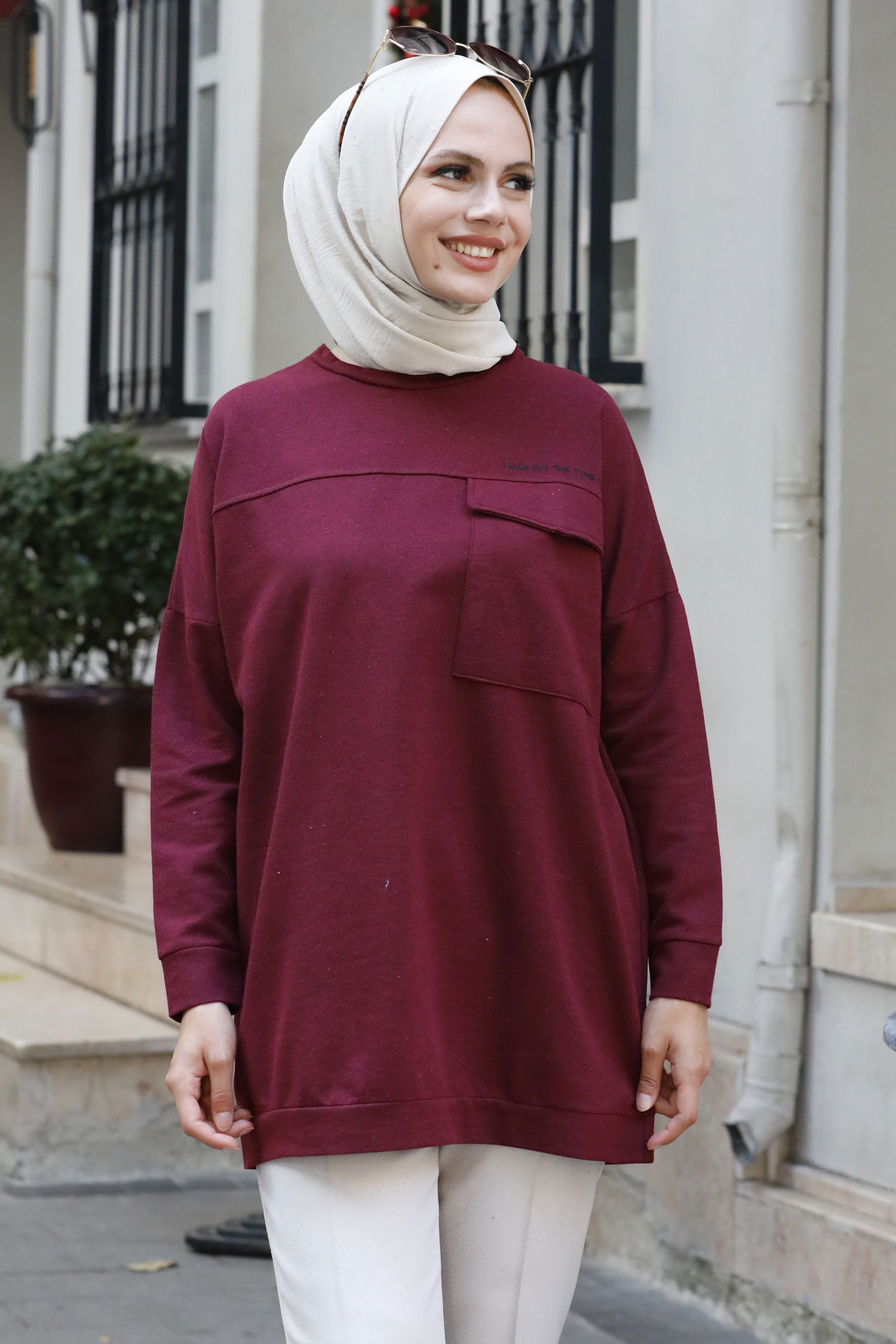 Düz Bisiklet Yaka Kadın Bordo Tunik - 3350
