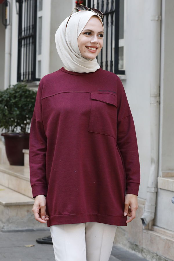 Düz Bisiklet Yaka Kadın Bordo Tunik - 3350