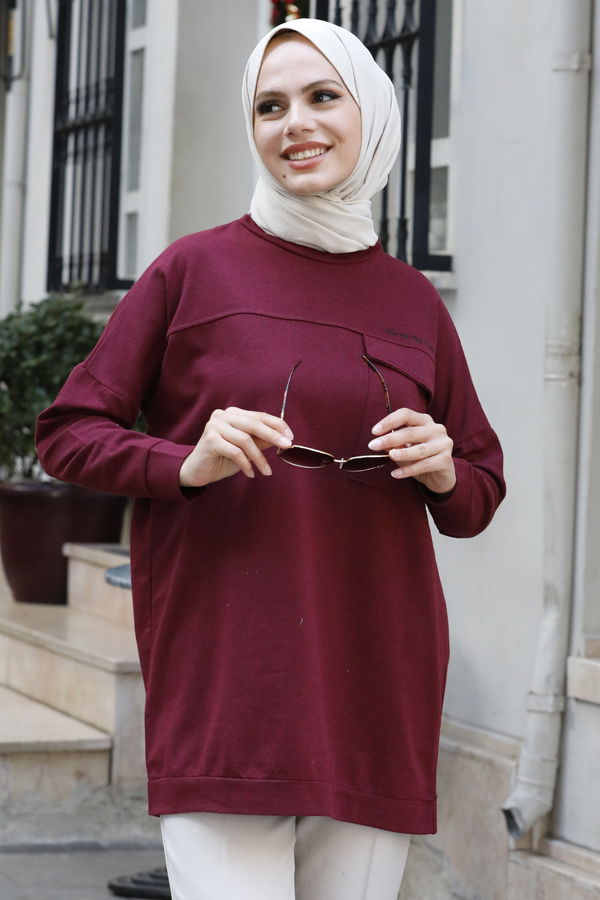 Düz Bisiklet Yaka Kadın Bordo Tunik - 3350