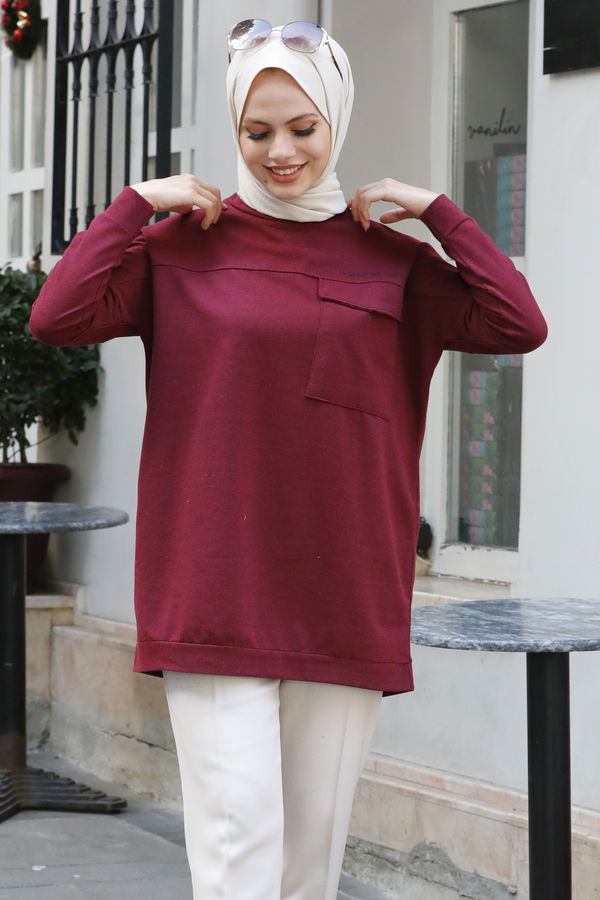 Düz Bisiklet Yaka Kadın Bordo Tunik - 3350