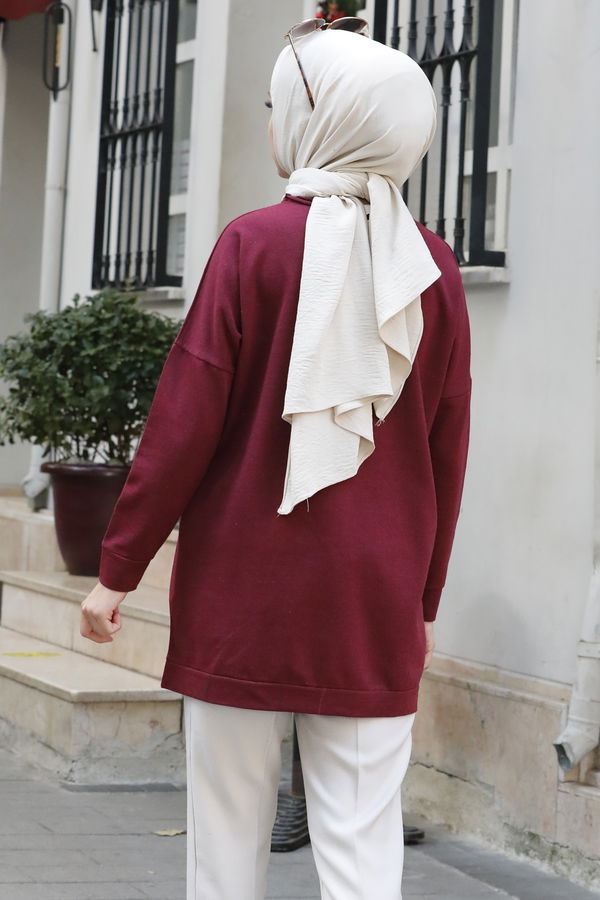 Düz Bisiklet Yaka Kadın Bordo Tunik - 3350