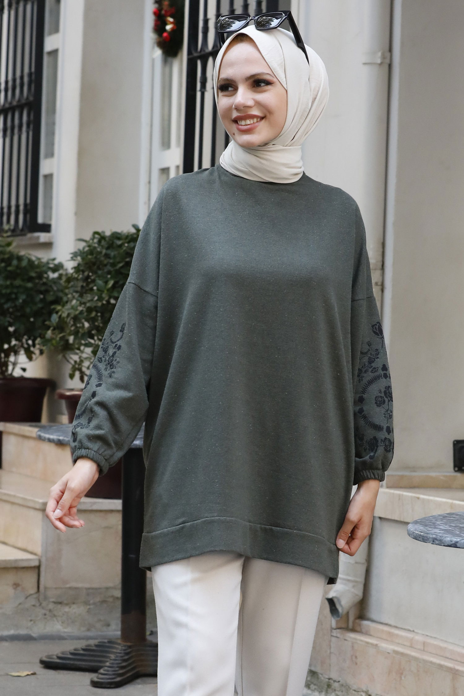 Düz Bisiklet Yaka Kadın Haki TUNIK - 3357