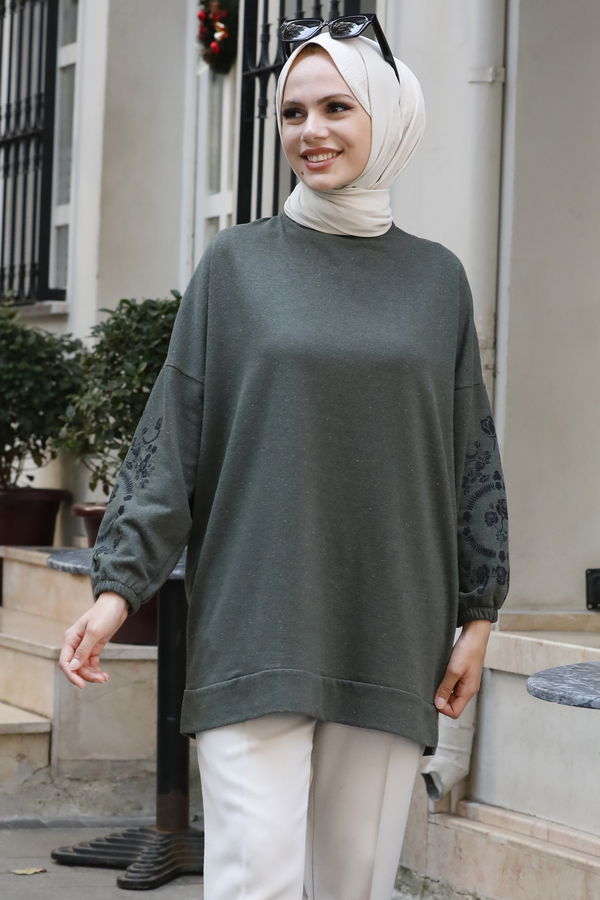 Düz Bisiklet Yaka Kadın Haki TUNIK - 3357