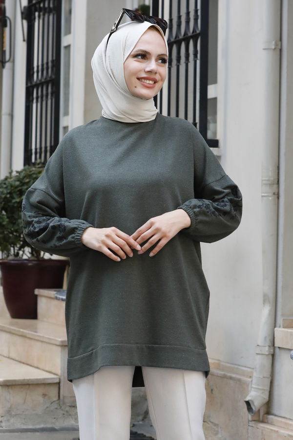 Düz Bisiklet Yaka Kadın Haki TUNIK - 3357