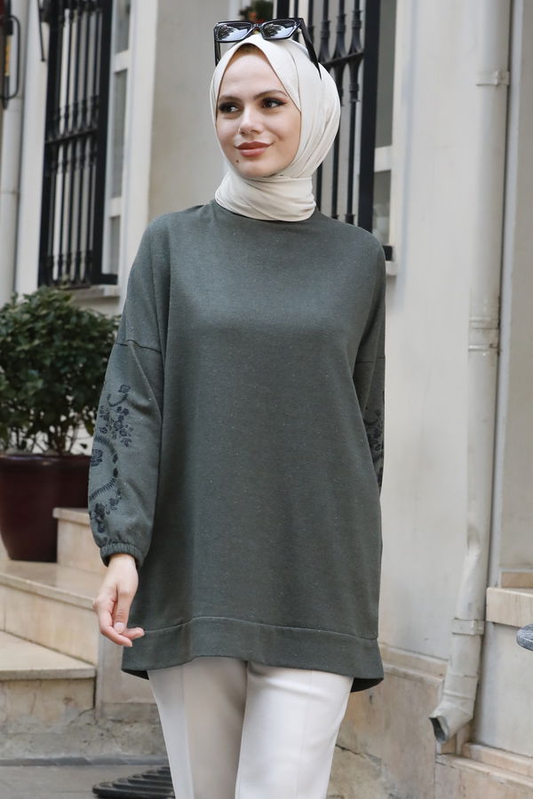 Düz Bisiklet Yaka Kadın Haki TUNIK - 3357