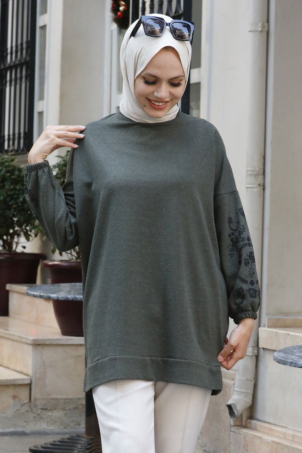 Düz Bisiklet Yaka Kadın Haki TUNIK - 3357