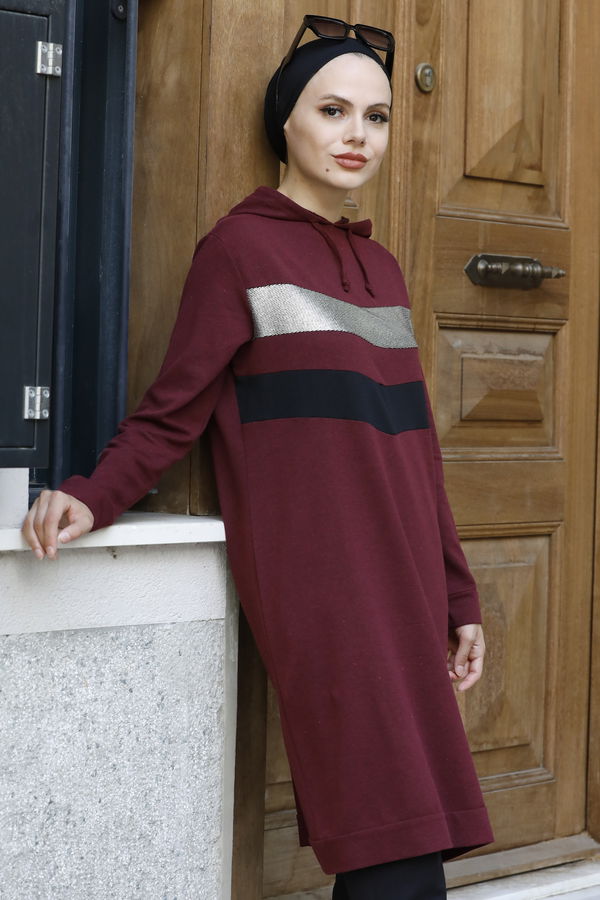 Düz Kapsonlu Yaka Kadın Bordo TUNIK - 3529