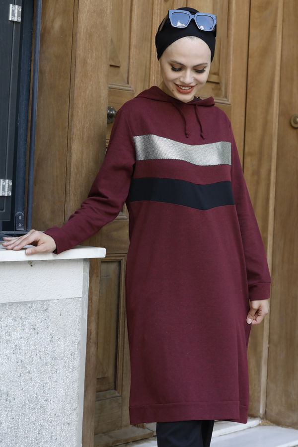 Düz Kapsonlu Yaka Kadın Bordo TUNIK - 3529