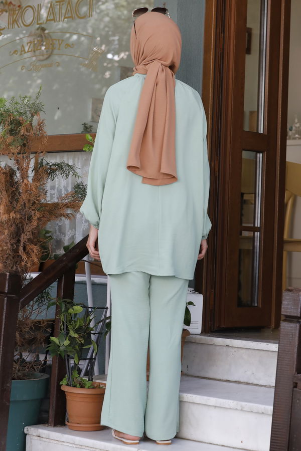 Düz Hakim Yaka Kadın Yeşil Tunik Pantolon - 10534 YEŞİL