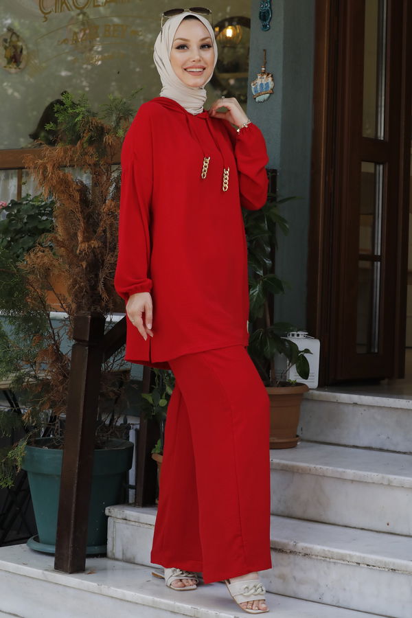 Düz Orta Kadın Kırmızı Tunik Pantolon - 10540 Kırmızı