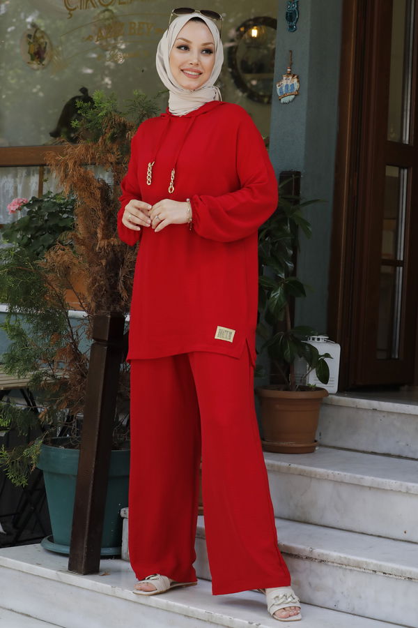 Düz Orta Kadın Kırmızı Tunik Pantolon - 10540 Kırmızı