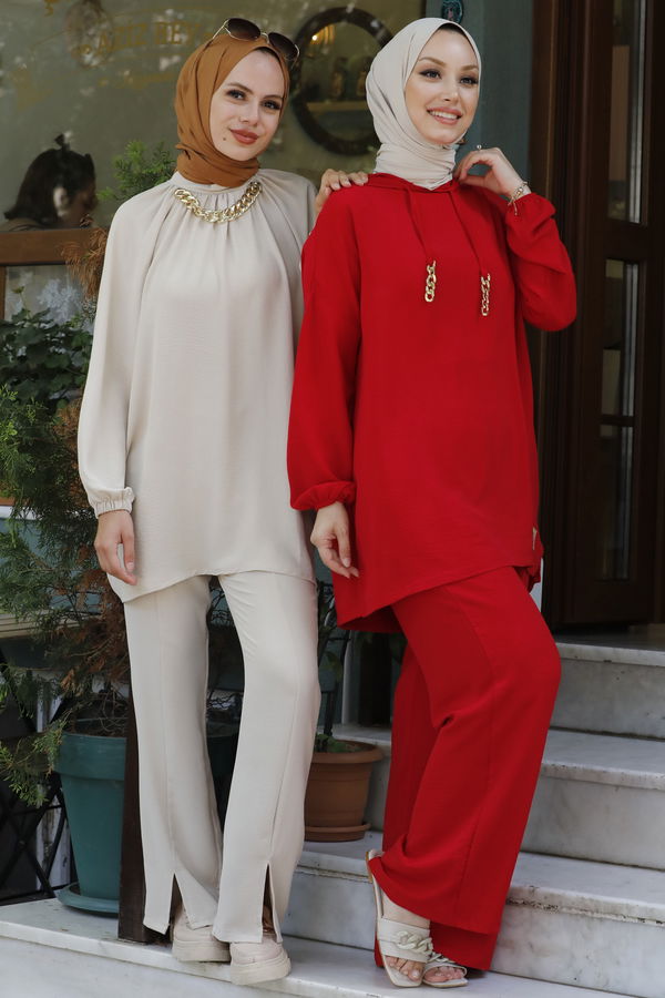 Düz Orta Kadın Kırmızı Tunik Pantolon - 10540 Kırmızı
