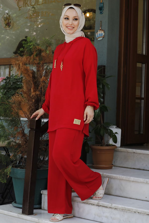 Düz Orta Kadın Kırmızı Tunik Pantolon - 10540 Kırmızı