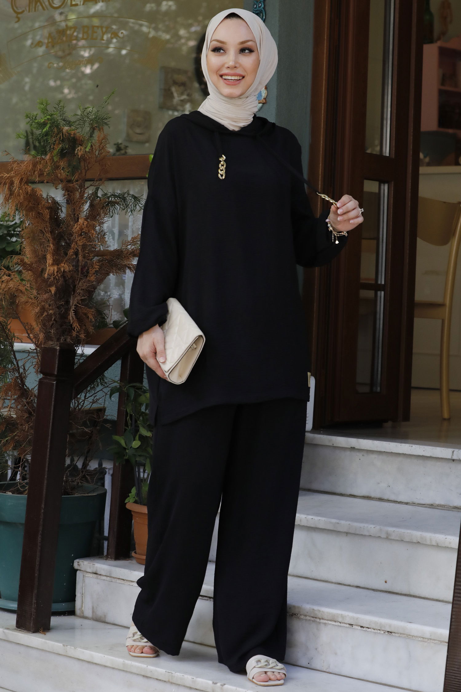 Düz Orta Kadın Siyah Tunik Pantolon - 10540