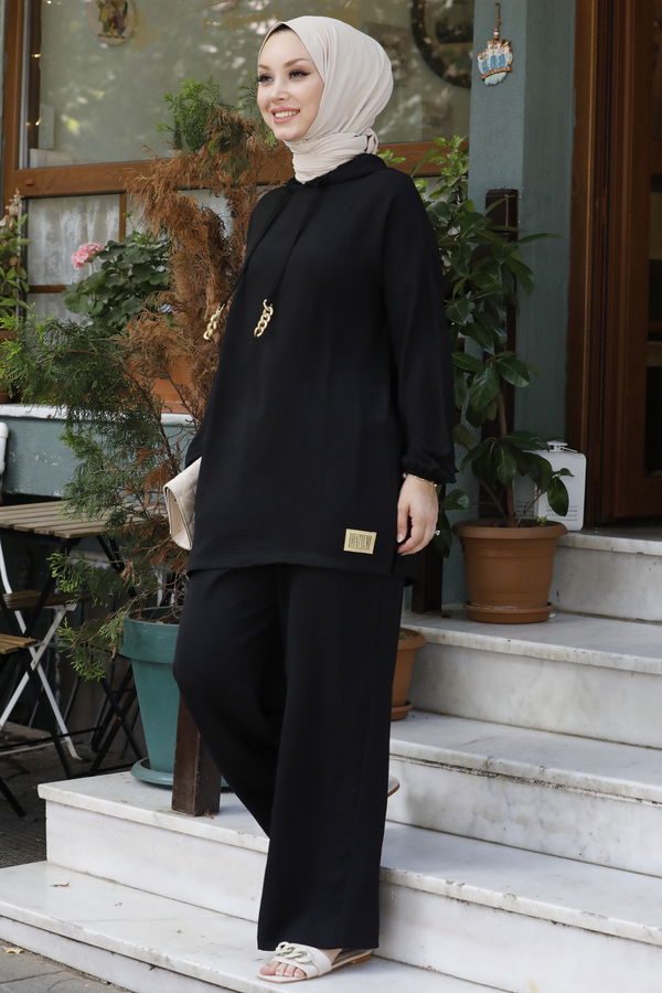 Düz Orta Kadın Siyah Tunik Pantolon - 10540