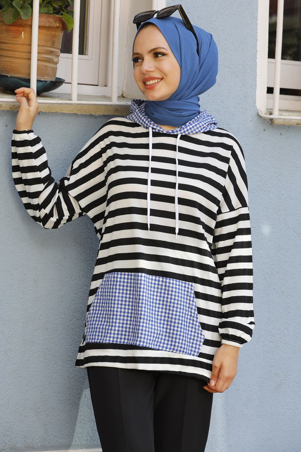 Düz Kapsonlu Yaka Kadın Mavi TUNIK - 3754 MAVİ