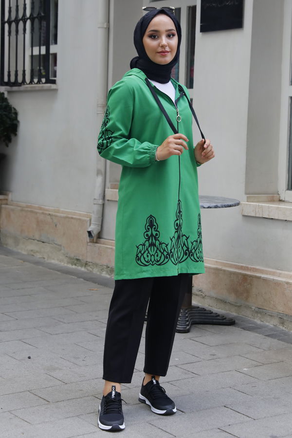Düz Orta Kadın Yeşil Baskılı Tunik - 3729 YEŞİL