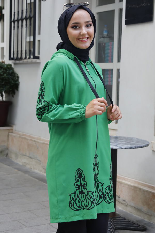Düz Orta Kadın Yeşil Baskılı Tunik - 3729 YEŞİL