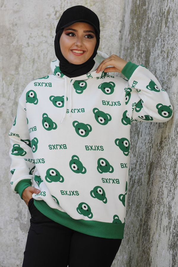 Düz Orta Kadın Yeşil Kapsonlu Sweat - 21198