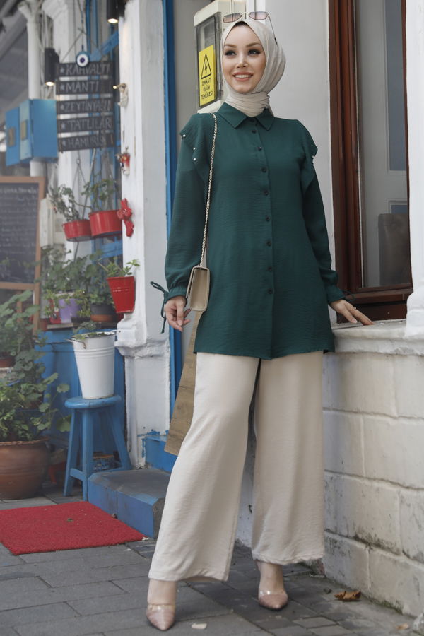Düz Gömlek Yaka Kadın Yeşil Tunik - 10784 YEŞİL
