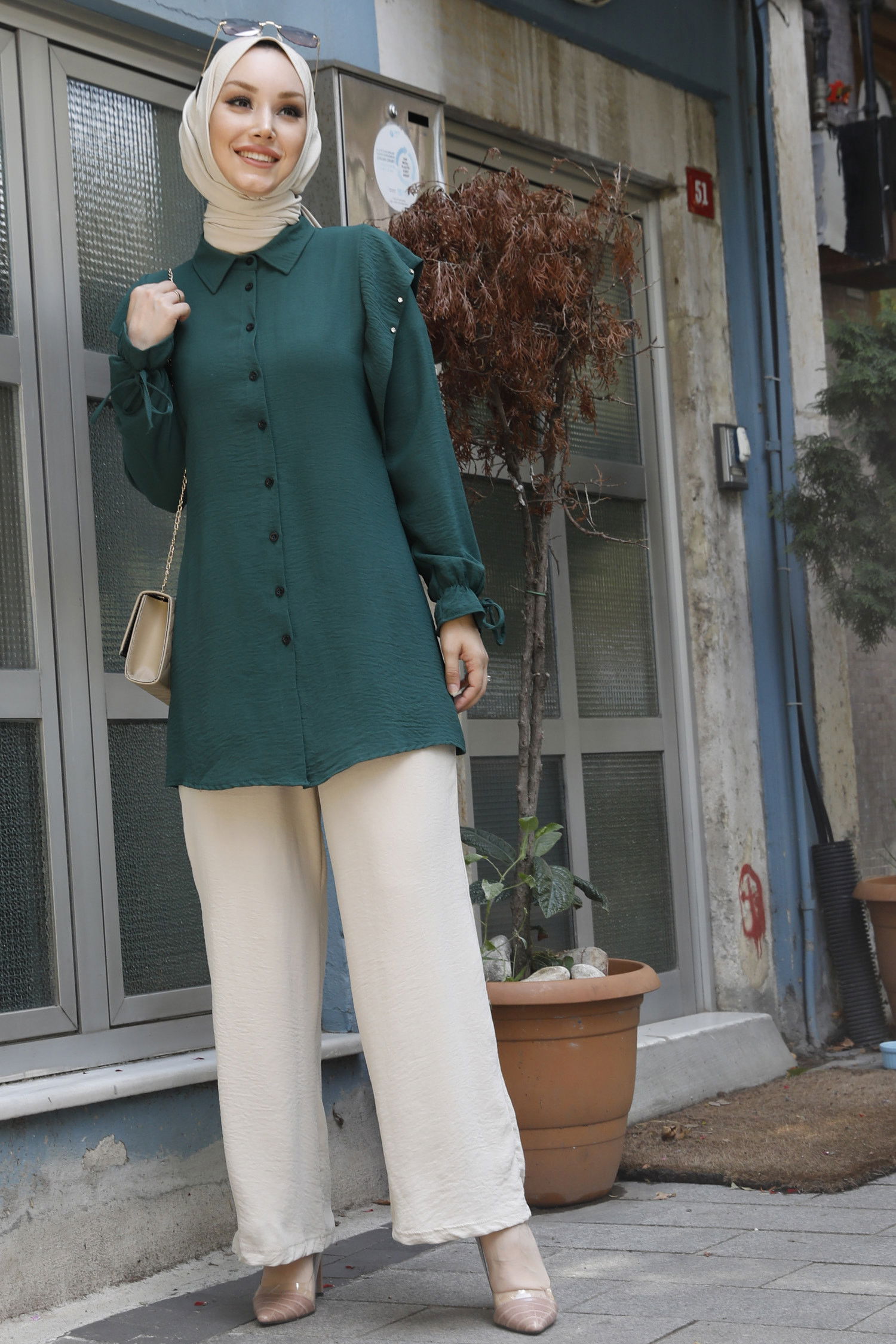 Düz Gömlek Yaka Kadın Yeşil Tunik - 10784 YEŞİL