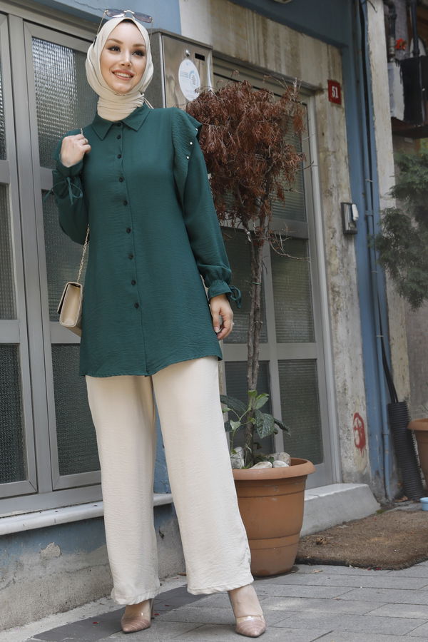 Düz Gömlek Yaka Kadın Yeşil Tunik - 10784 YEŞİL