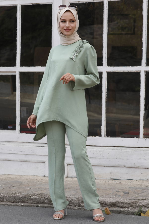 Düz Bisiklet Yaka Kadın Yeşil Tunik Pantolon - 10530 YEŞİL