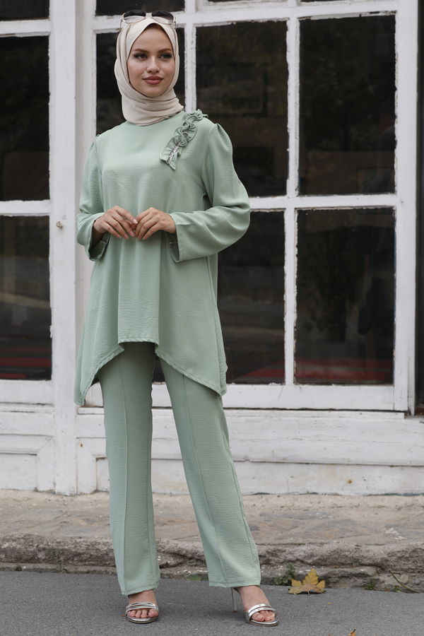 Düz Bisiklet Yaka Kadın Yeşil Tunik Pantolon - 10530 YEŞİL
