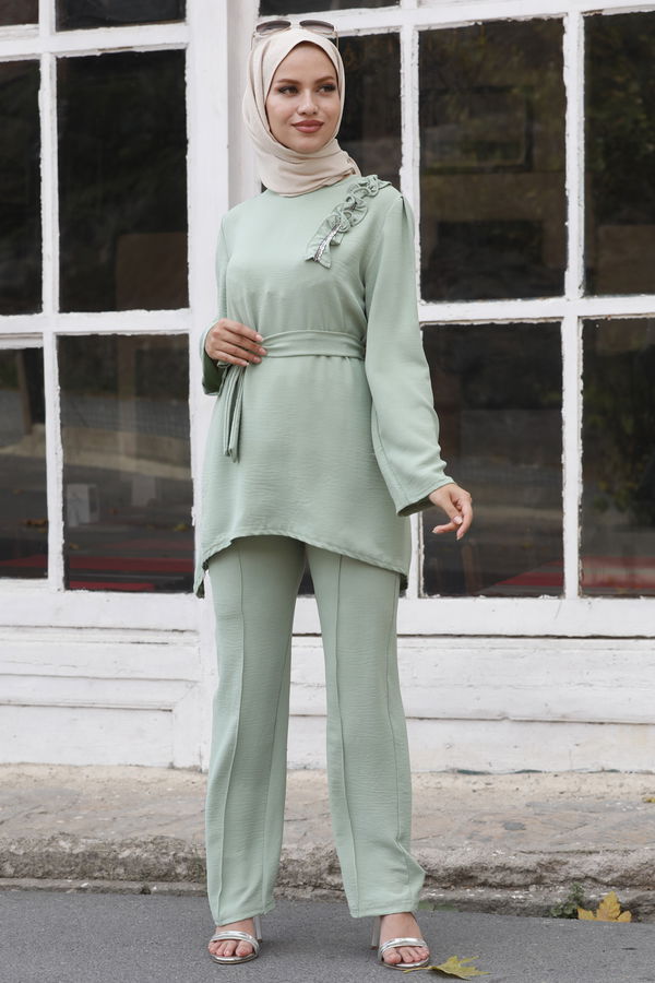 Düz Bisiklet Yaka Kadın Yeşil Tunik Pantolon - 10530 YEŞİL