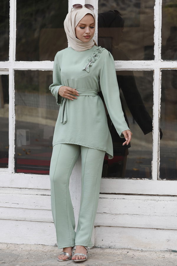 Düz Bisiklet Yaka Kadın Yeşil Tunik Pantolon - 10530 YEŞİL