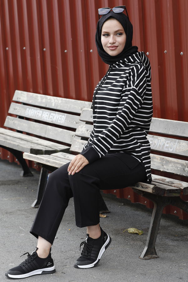 Düz Orta Kadın Siyah Kapsonlu Sweat - 21200