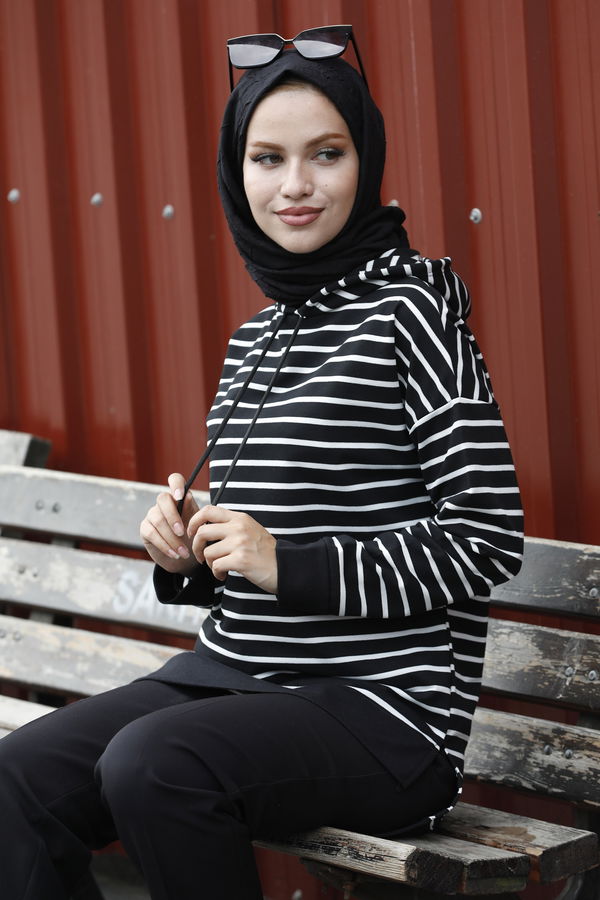 Düz Orta Kadın Siyah Kapsonlu Sweat - 21200