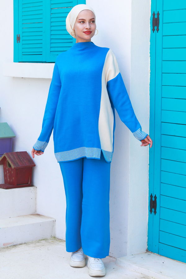 Düz Orta Kadın Mavi Tunik Pantolon - 21229