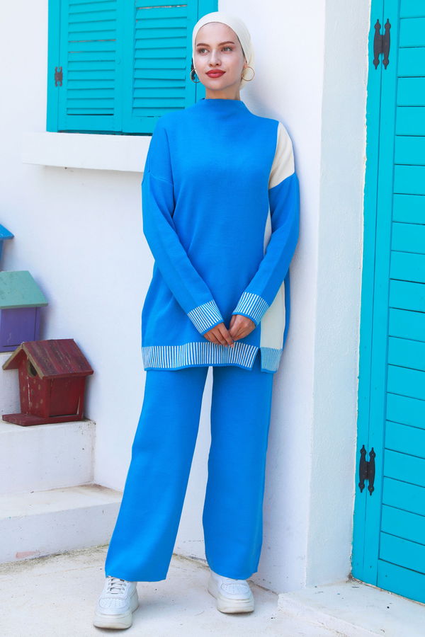 Düz Orta Kadın Mavi Tunik Pantolon - 21229