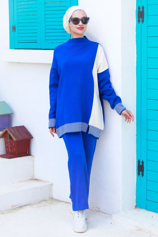 Düz Orta Kadın Mavi Tunik Pantolon - 21229