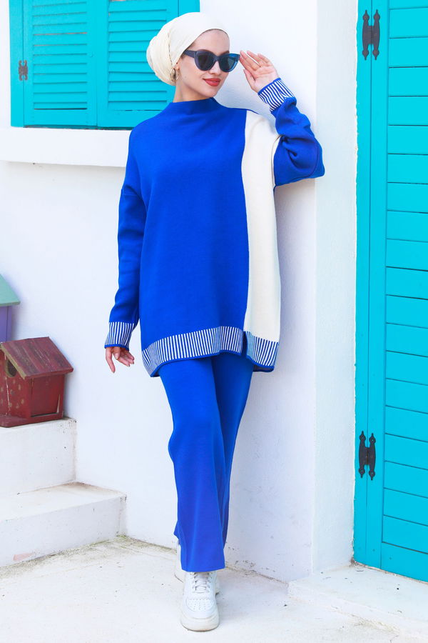 Düz Orta Kadın Mavi Tunik Pantolon - 21229