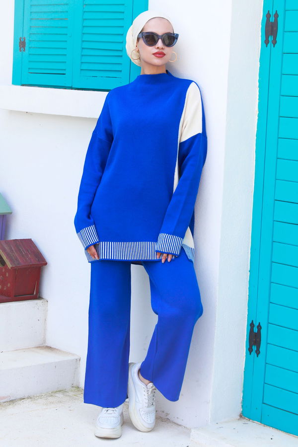 Düz Orta Kadın Mavi Tunik Pantolon - 21229