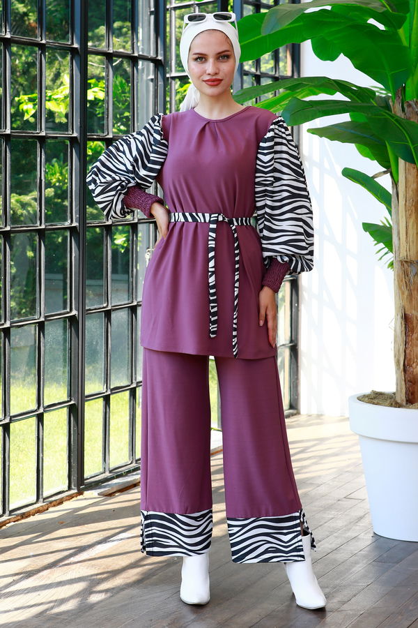 Düz Bisiklet Yaka Kadın Lila Tunik Pantolon - 3986 LİLA