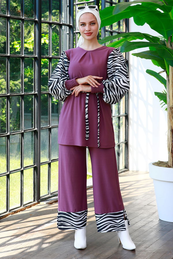 Düz Bisiklet Yaka Kadın Lila Tunik Pantolon - 3986 LİLA