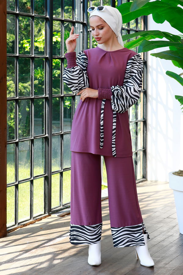 Düz Bisiklet Yaka Kadın Lila Tunik Pantolon - 3986 LİLA