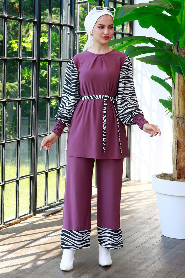 Düz Bisiklet Yaka Kadın Lila Tunik Pantolon - 3986 LİLA