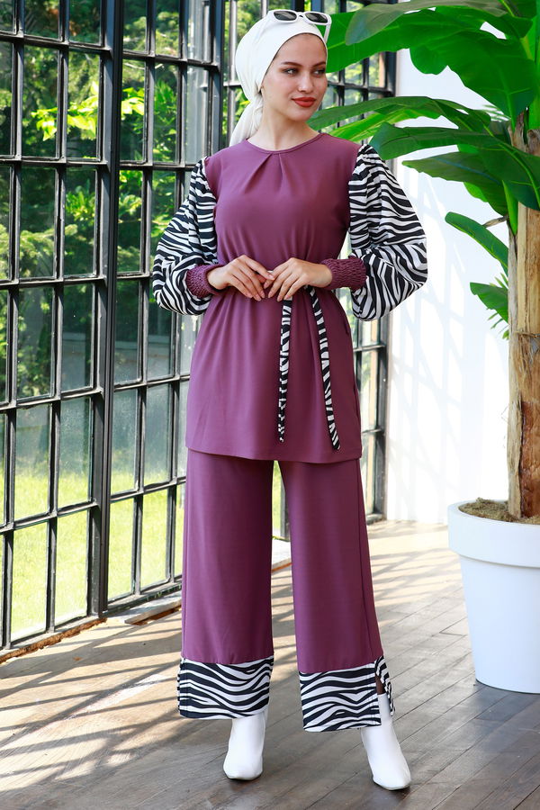 Düz Bisiklet Yaka Kadın Lila Tunik Pantolon - 3986 LİLA