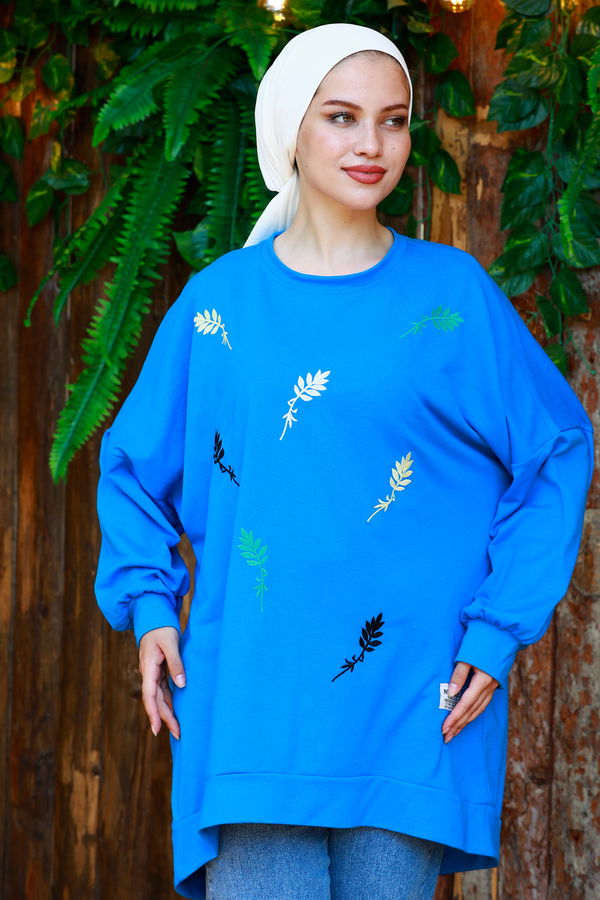 Düz Orta Kadın Mavi Baskılı Sweat - 21234 MAVİ
