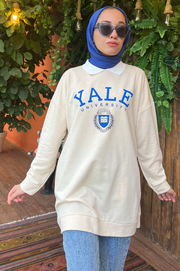 Düz Orta Kadın Bej Yakalı Tunik - 21223 BEJ