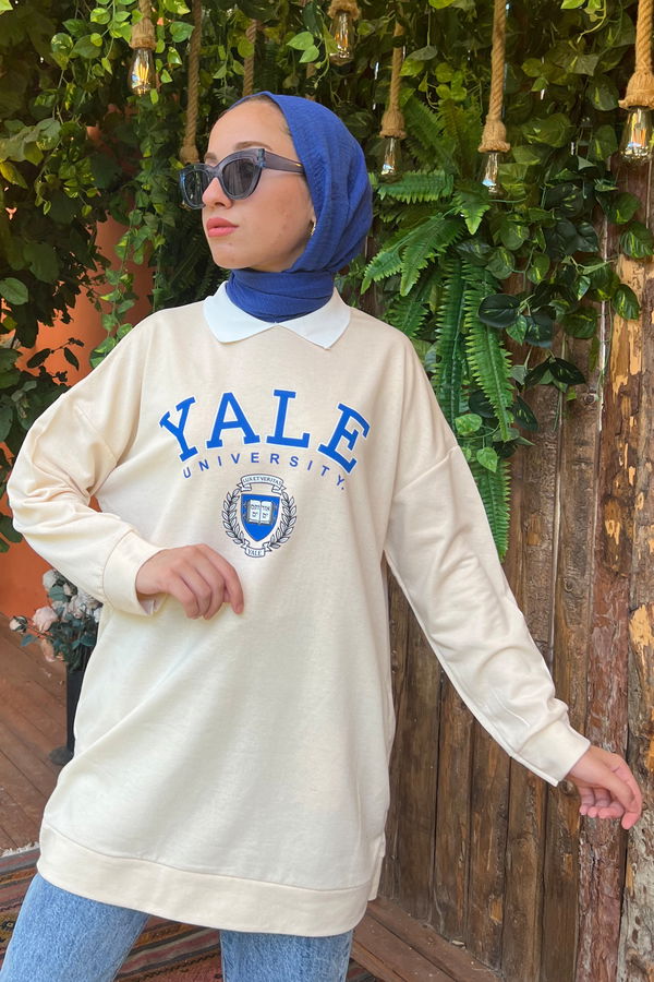 Düz Orta Kadın Bej Yakalı Tunik - 21223 BEJ